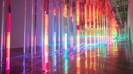 An immersive light installation artwork made of colorful plexiglass tubes