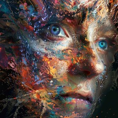 Colorful abstract portrait of a woman with blue eyes.