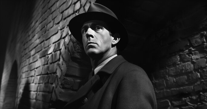 Mysterious Man Lurking in Shadows of 1940s Film Noir Scene