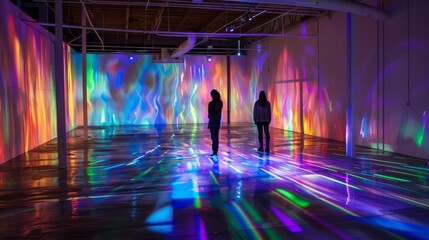 Immersive art installation with bright rainbow colors and 2 people in it