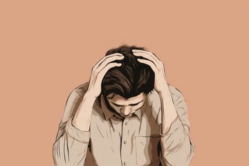 Stressed man fat take a hand holding his head illustrated drawing person.