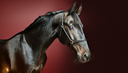 ai generative of a wearing a harness; a mare; black in color; red background