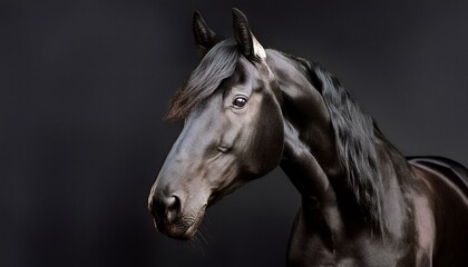 ai generative of unique black horse, shiny body, dark background