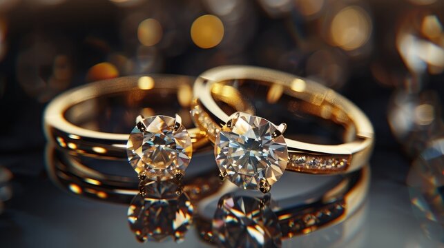 Create a captivating image with a prompt that highlights the glamour of two gold diamond rings in a 3D render design
