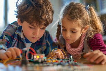 children boy and girl learning about electricity