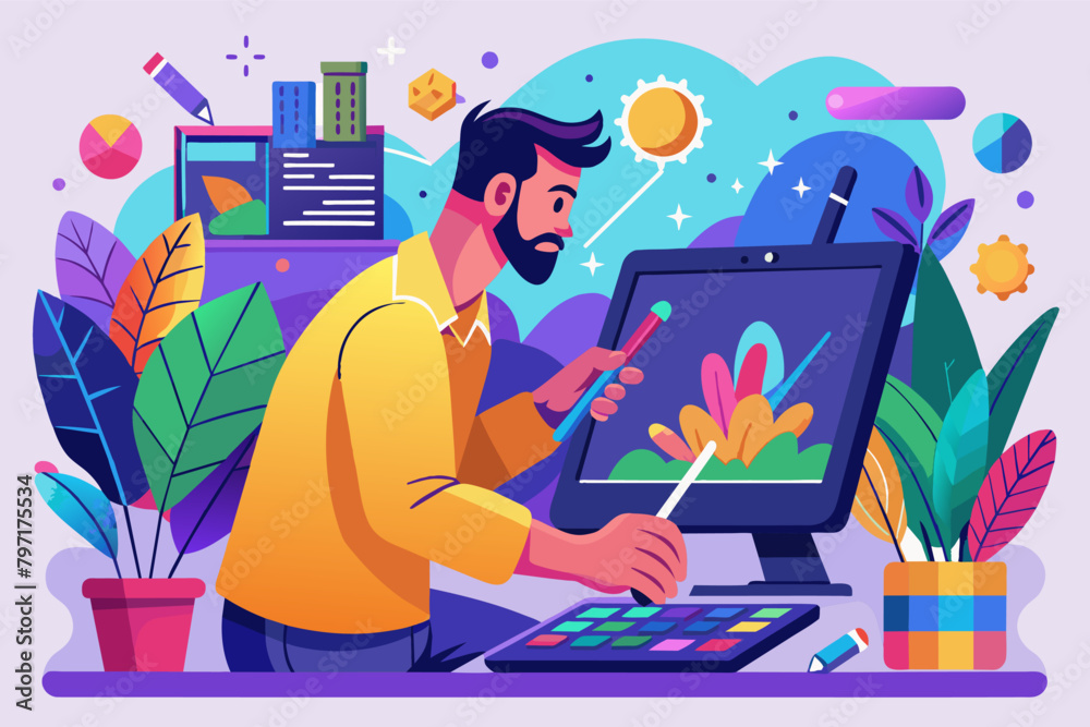 Poster a graphic designer, using a stylus and a digital canvas, creates a vibrant poster that seems to pop 