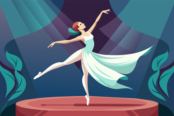 A graceful ballerina with flowing robes, poised mid-leap on a grand stage.