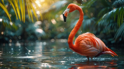 Majestic flamingo in tropical waters at sunset