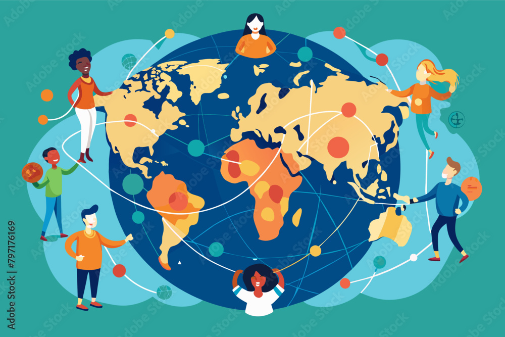 Poster a global map illustrating the interconnectedness of social issues, emphasizing the need for collecti