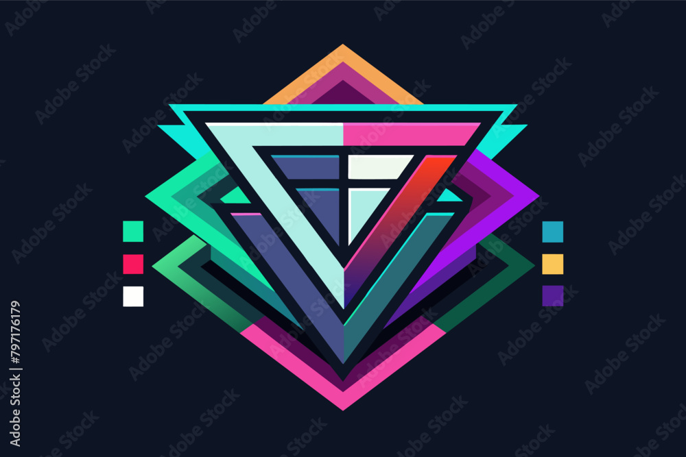 Aufkleber a glitch-inspired logo with overlapping geometric shapes and a neon color palette, representing digi