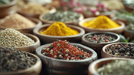 Spices and herbs in metal bowls and wooden spoons, Food and cuisine ingredients