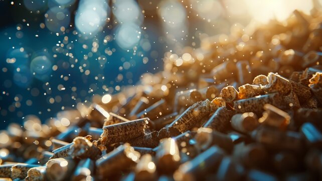 Soft-focus close-up of sustainable wood pellets with a blue overlay
