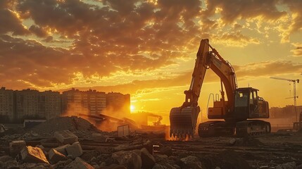 Digger machines working in sun view - obrazy, fototapety, plakaty
