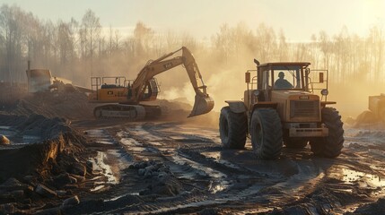 Digger machines working in sun view