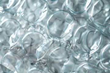 The textured surface of bubble wrap packaging, showcasing its bubbly patterns and transparent appearance. Bubble wrap textures offer a playful and tactile backdrop