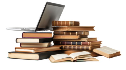 Stack of books with laptop
