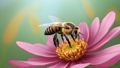 A bee dances on vibrant pink petals, collecting nectar.
