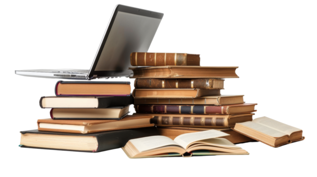 Stack of books with laptop