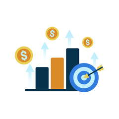vector illustration for business target achievement. depicts success in achieving profit targets with the image of coins flying. Vector illustration for challenge, goal, achievement, business