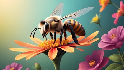 In the sunlight, a bee alights on a radiant yellow flower, framed by a tapestry of diverse blooms, a vibrant symphony of colors. - obrazy, fototapety, plakaty