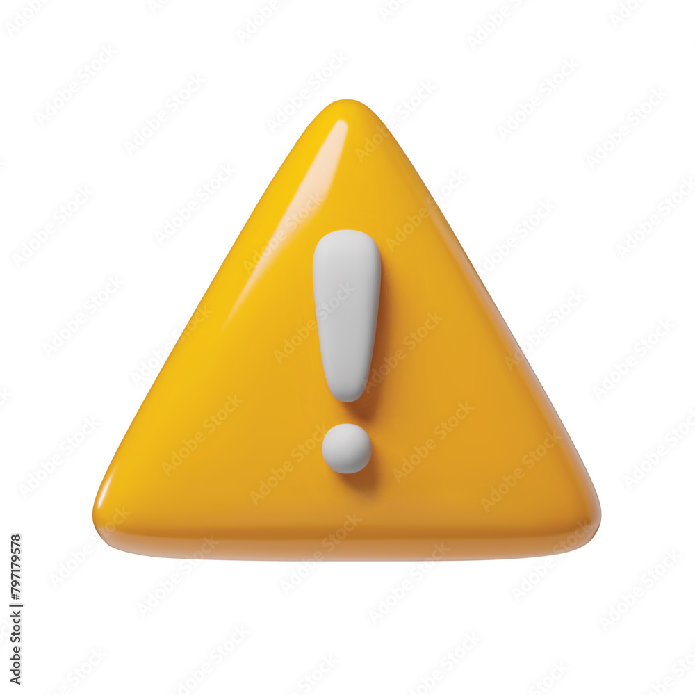 Poster yellow triangle button with exclamation point 3d icon. warning, attention, secure signal caution or 