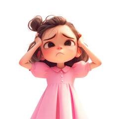 A cute and vibrant cartoon character portraying a young girl in a pink dress is shown with a look of distress and exhaustion due to a severe headache caused by excessive workload This illus