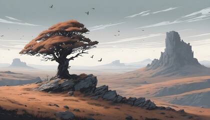 Left, a solitary tree amid orange grass and stones. Behind, a colossal rock looms. Black birds dot the grey sky, adding to the eerie ambiance.
