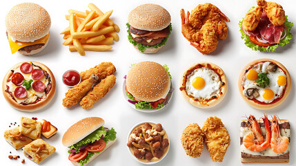 All Fast Food collection set, isolated on white background, Fried chicken, fries, pizza, sandwich,...