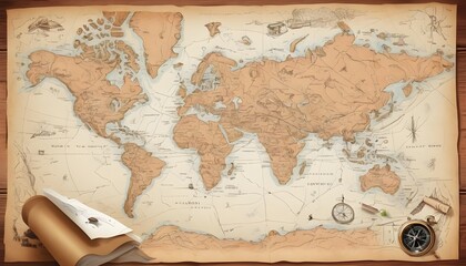 Spread an ancient map reveals continents in muted tones. A compass rests nearby, guiding explorers through the mysteries of distant lands.