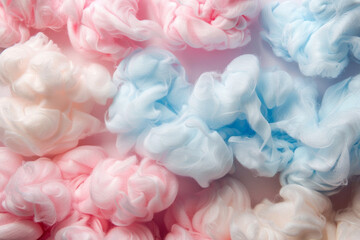Fototapeta premium Fluffy and pastel-colored texture of cotton candy, capturing its sugary sweetness and airy quality. Cotton candy textures offer a whimsical and playful backdrop.