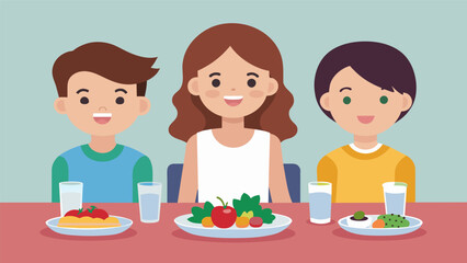 Three siblings sit down at the dinner table each with their own choice of meal for the special day.