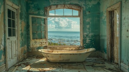 A bath tub sits in the center of a room, surrounded by walls and flooring