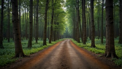 Obraz premium A forest pathway lined with trees, each displaying an ombre effect from roots to tips, shifting from earthy browns to vibrant greens ai_generated