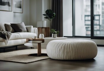 White Knitted Home Sofa Modern Interior Pouf Living Design Room Space Minimalist Copy
