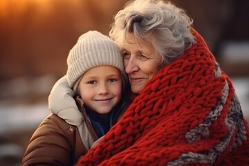 Obraz premium Grandmother with granddaughter family smiling happiness love old woman little girl winter warmth walk child hug embracing care togetherness bonding affection parent support tender relationship outside
