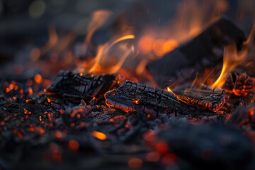 Close-up shot of charcoal burning in the aftermath of a bonfire, casting a soft, orange glow