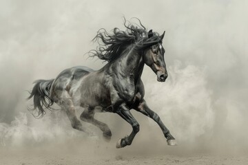 Obraz na płótnie Canvas Black Spanish horse rearing in light smoke stallion animal mammal.