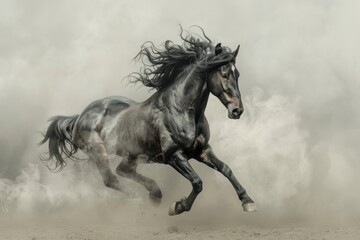 Naklejka premium Black Spanish horse rearing in light smoke stallion animal mammal.
