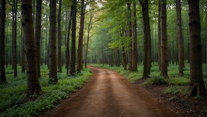 Obraz premium A forest pathway lined with trees, each displaying an ombre effect from roots to tips, shifting from earthy browns to vibrant greens ai_generated