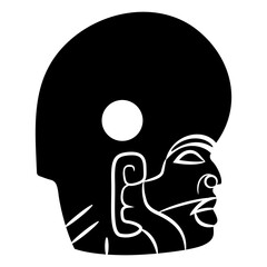 Head of a warrior man or ball player wearing helmet. Indigenous ethnic design of Maya Indians from Guatemala. Native American art. Black and white silhouette.