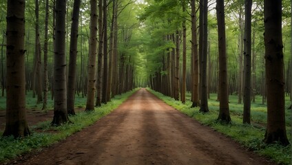 A forest pathway lined with trees, each displaying an ombre effect from roots to tips, shifting from earthy browns to vibrant greens ai_generated