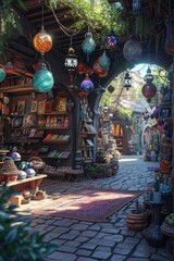 Fototapeta premium Enchanted marketplace stalls offer whimsical goods amidst lively energy and magical hues. ✨🛍️ #FantasyBazaar