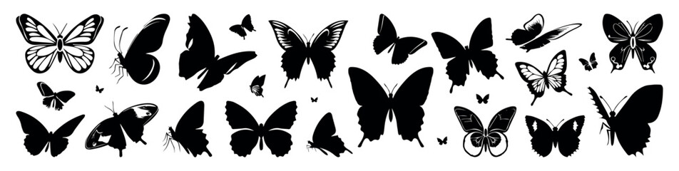 Butterfly Silhouettes Vector Illustration set, showcases a collection of butterfly silhouette, butterflies are perfect for backgrounds, patterns, and designs. ethereal display of flying insects