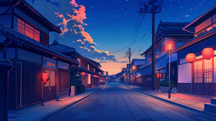 Japanese empty street view at night. Lofi anime cartoonish art style background . Soft clouds. lamp lights cozy lofi asian architecture. 16:9 4k resolution. Generative AI