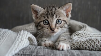 Adorable cat lounges on grey sofa. Ai Generated.