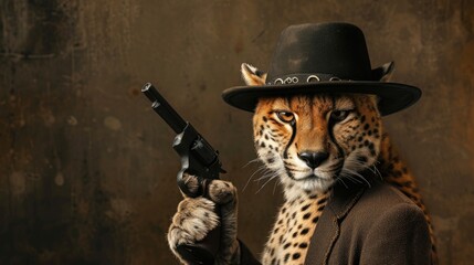 cheetah in a stylish hat brandishes a firearm confidently, Ai Generated - obrazy, fototapety, plakaty