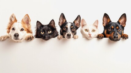 Whimsical web banner Cats and dogs peeking over white. Ai Generated.