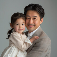 Japanese Father in Formal Attire Holding His Daughter  in a Photo Studio with Gray Background