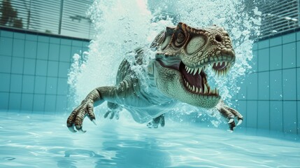 Fototapeta premium Hilarious underwater scene dinosaur in pool plays deep dive action, Ai Generated.