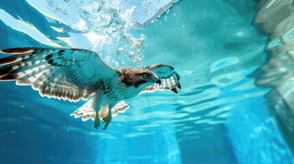 Hilarious underwater scene hawk in pool plays deep dive action, Ai Generated.